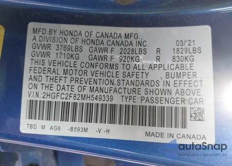 2021 Honda Civic Sport z USA, uszkodzony, nr VIN 2HGFC2F82MH549339
